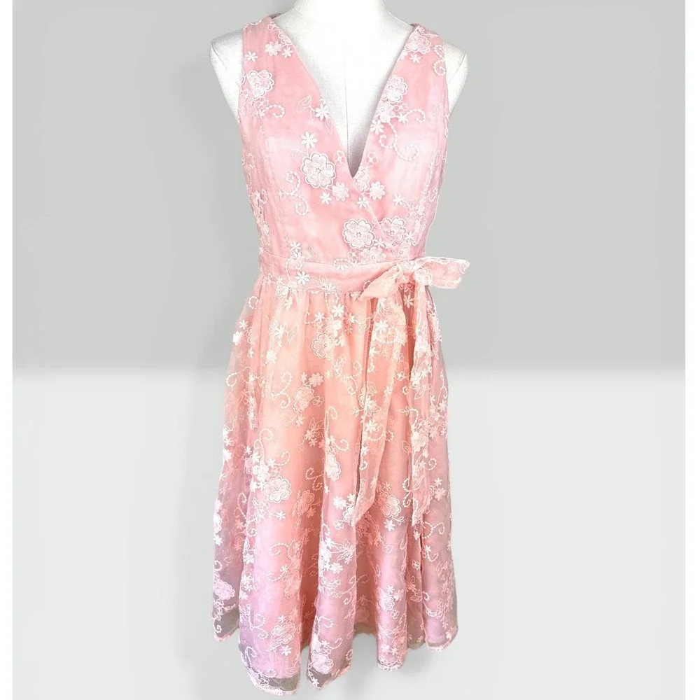 Fehaute SZ6 Pink Floral Lace Midi Dress Wrap V-Neck Sleeveless Pockets lined Bow